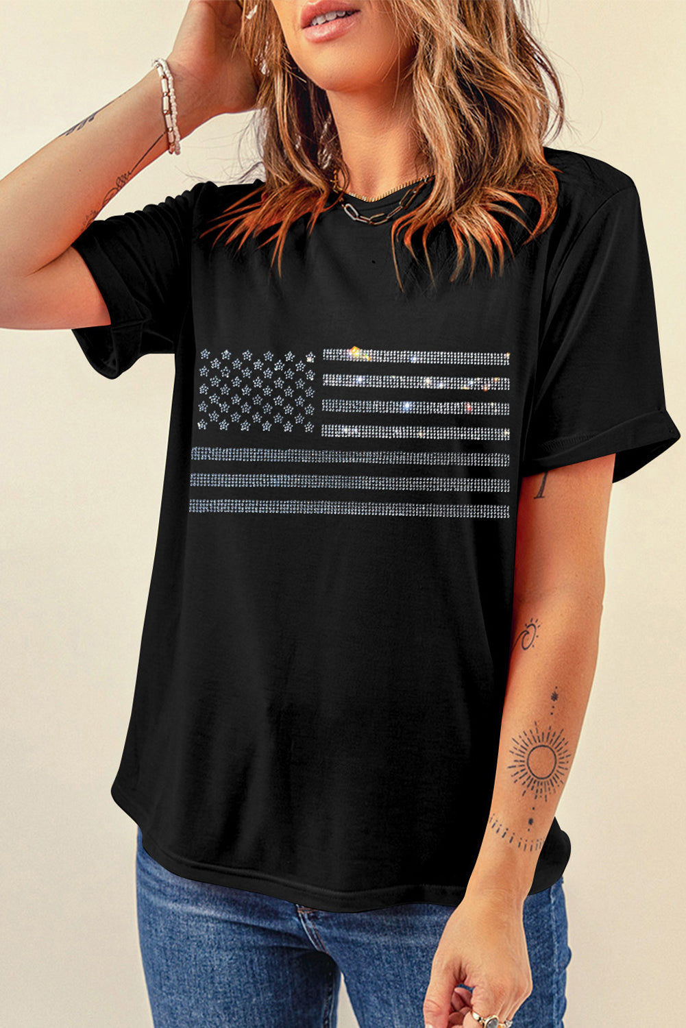 Rhinestone US Flag Short Sleeve T-Shirt | Women's Crew Neck Tee