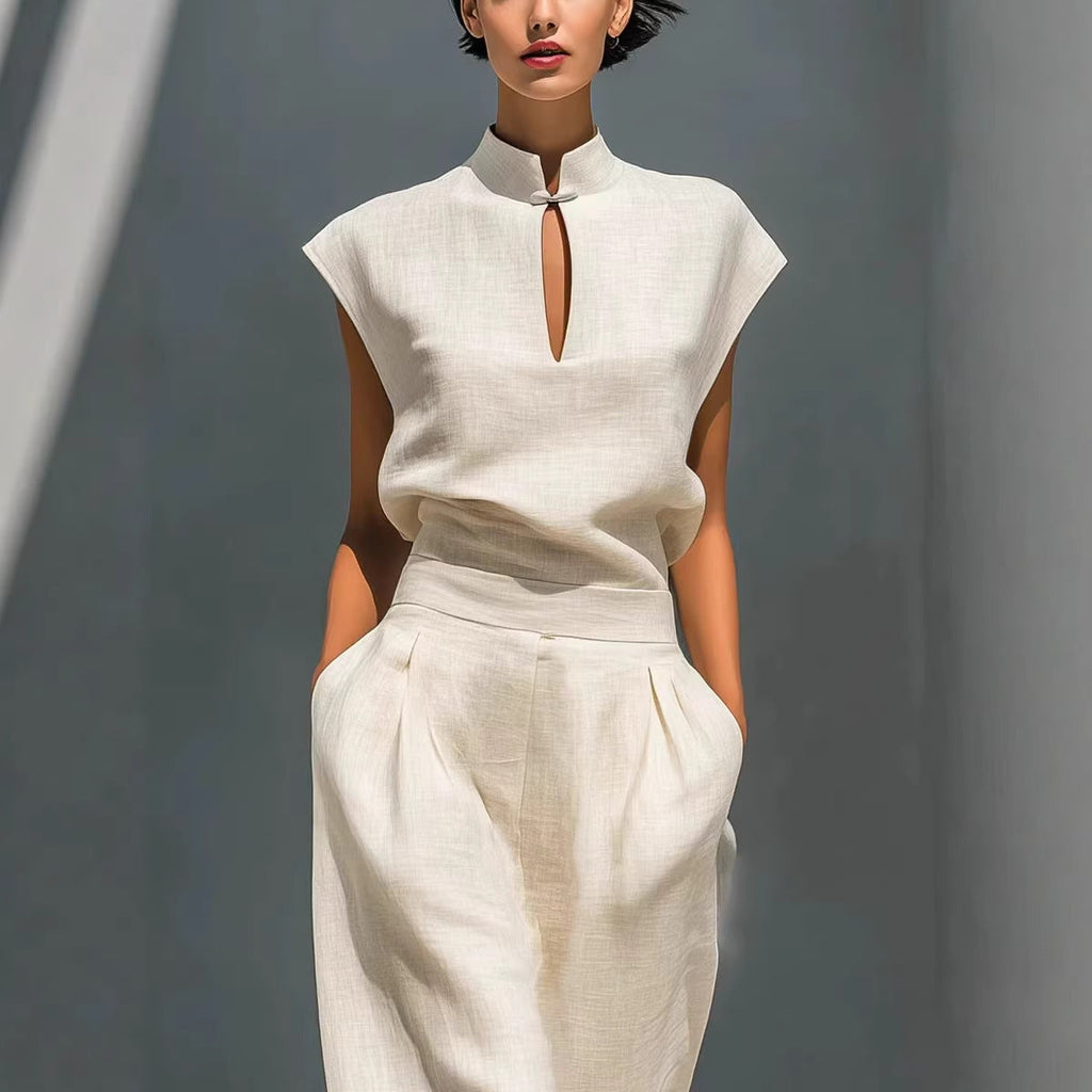 Women's Beige Mandarin Collar Short-Sleeve Top and Pants Set - Image 4