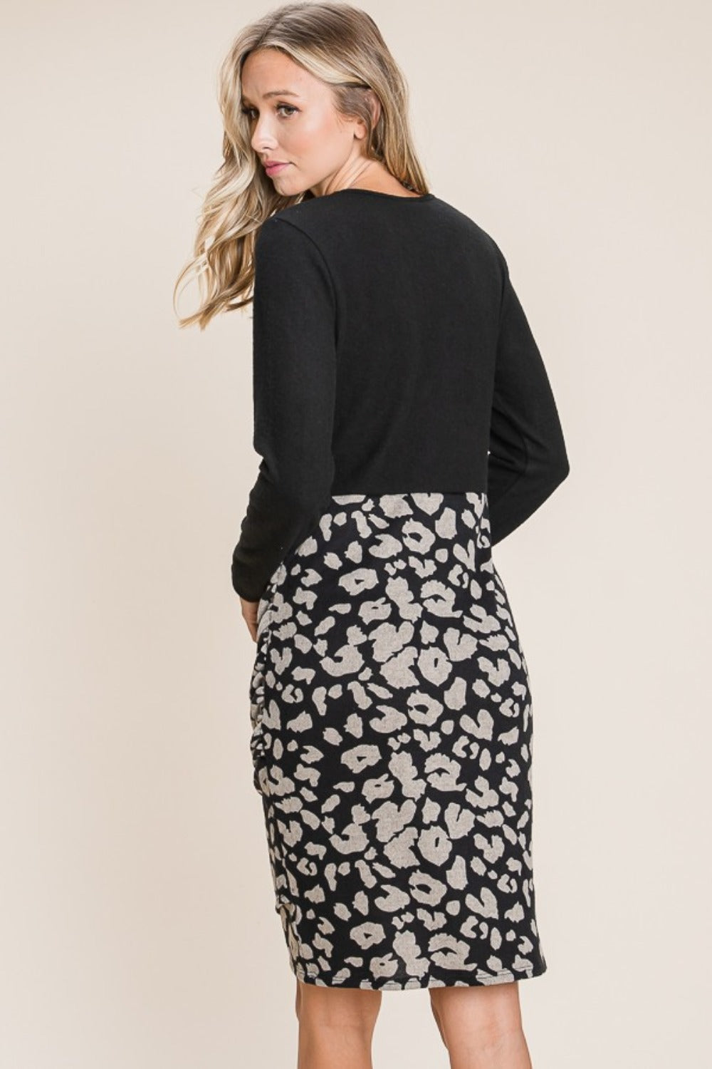 Leopard Color Block Knit Dress with Long Sleeves