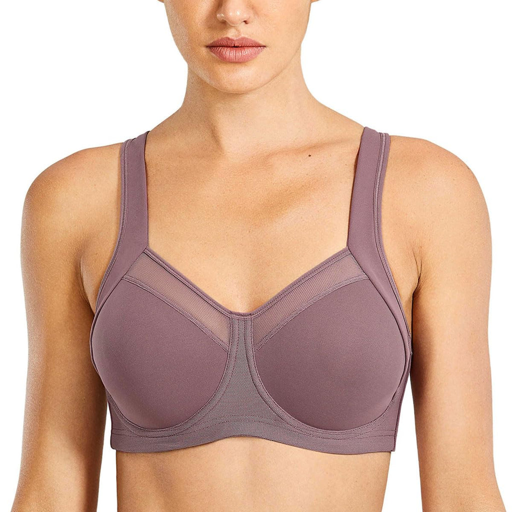 SYROKAN High Impact Sports Bras for Women High Support Unlined Underwire Racerback No Uniboob Workout Bra Umber 32C