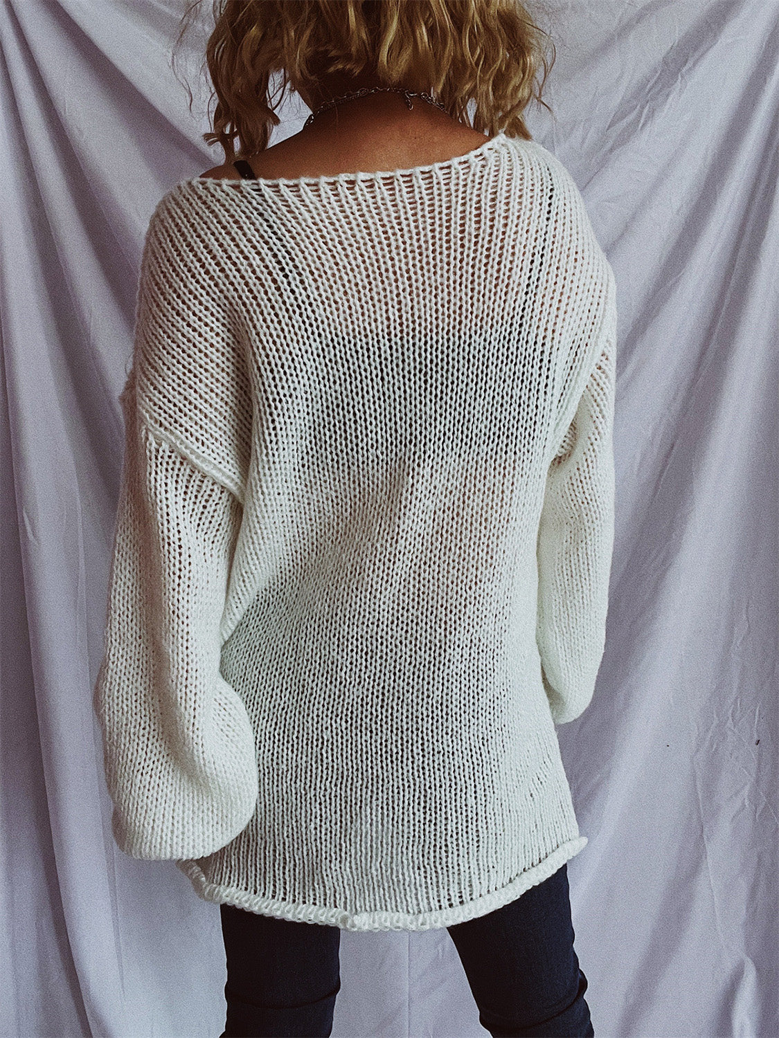 Women's White Boat Neck Dropped Shoulder Loose Knit Sweater - Image 2