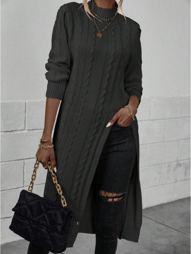 Women Crew Neck Long Sleeve Sweater with Split Hem Minimalist Top