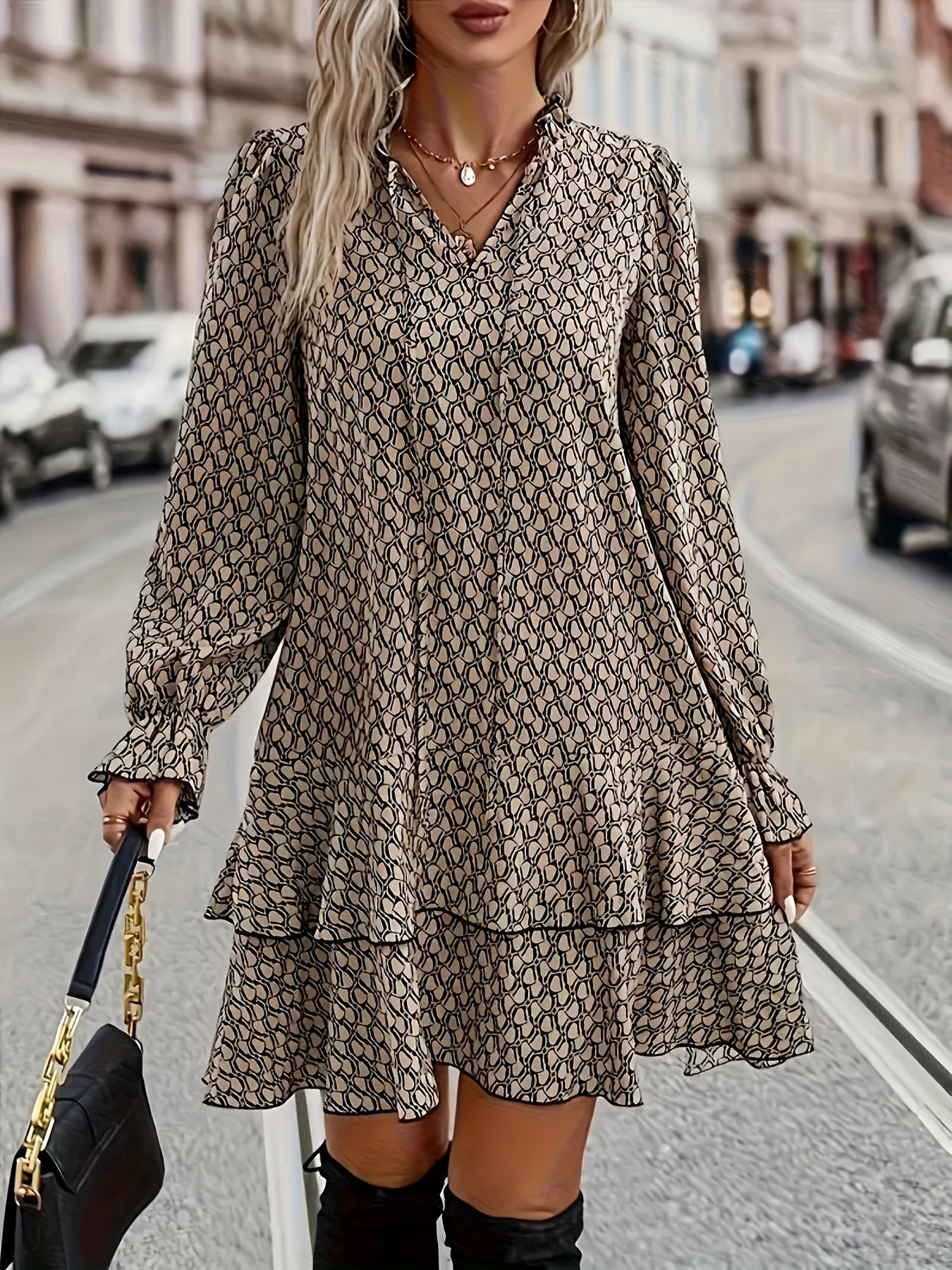 Elegant Plus Size V-Neck Ruffle Sleeve Mini Dress