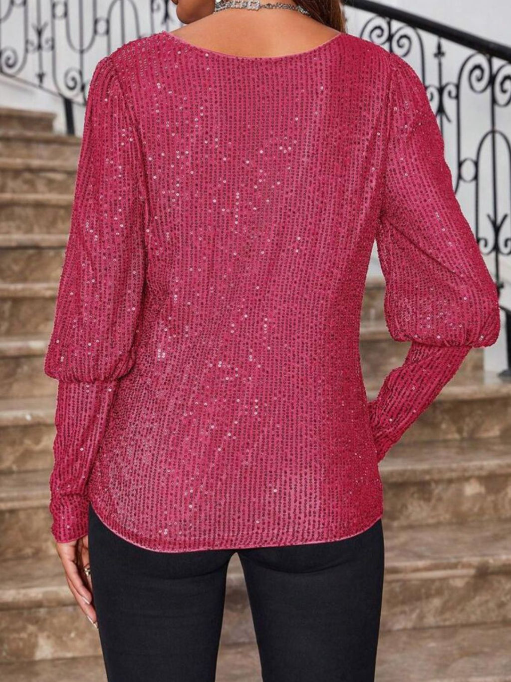 Women's Sequin Boat Neck Long Sleeve Top Elegant Party Blouse - Image 12