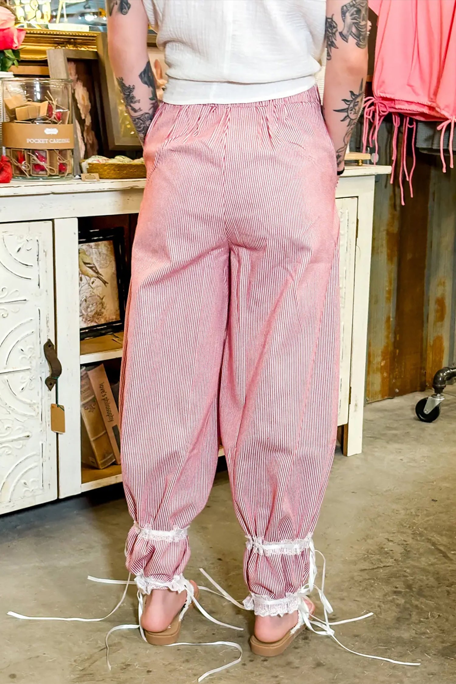 Red Stripe Wide Leg Pants with Contrast Lace Ribbon Tie Detail