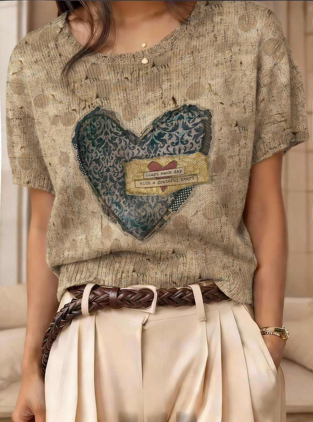 Women's Argyle Short-Sleeve Knit Top Crew Neck Casual Sweater - Image 6