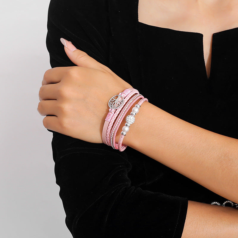 Drilled-bead Multi-layer PU Leather Braided Magnetic-clasp Bracelet