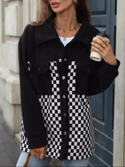 Black Checkered Snap Down Long Sleeve Jacket Functional Outerwear