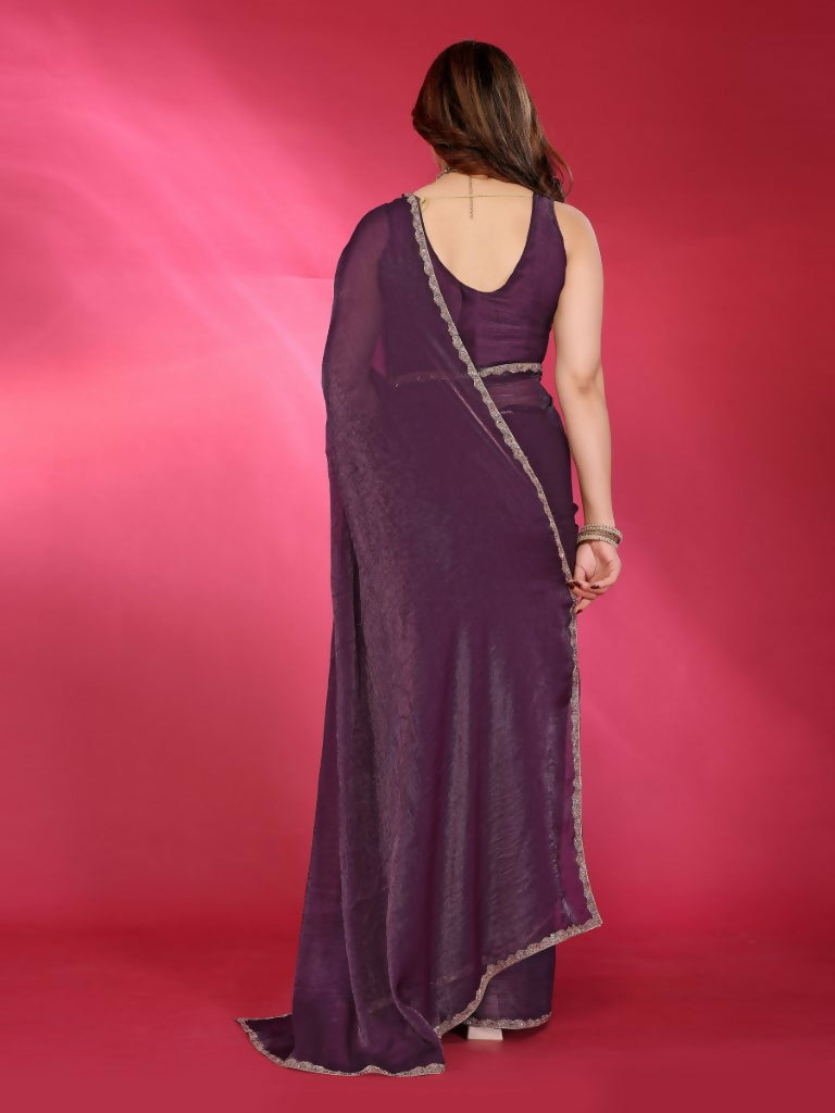 Wine Jimmy Choo Fabric Saree with Work Lace Border