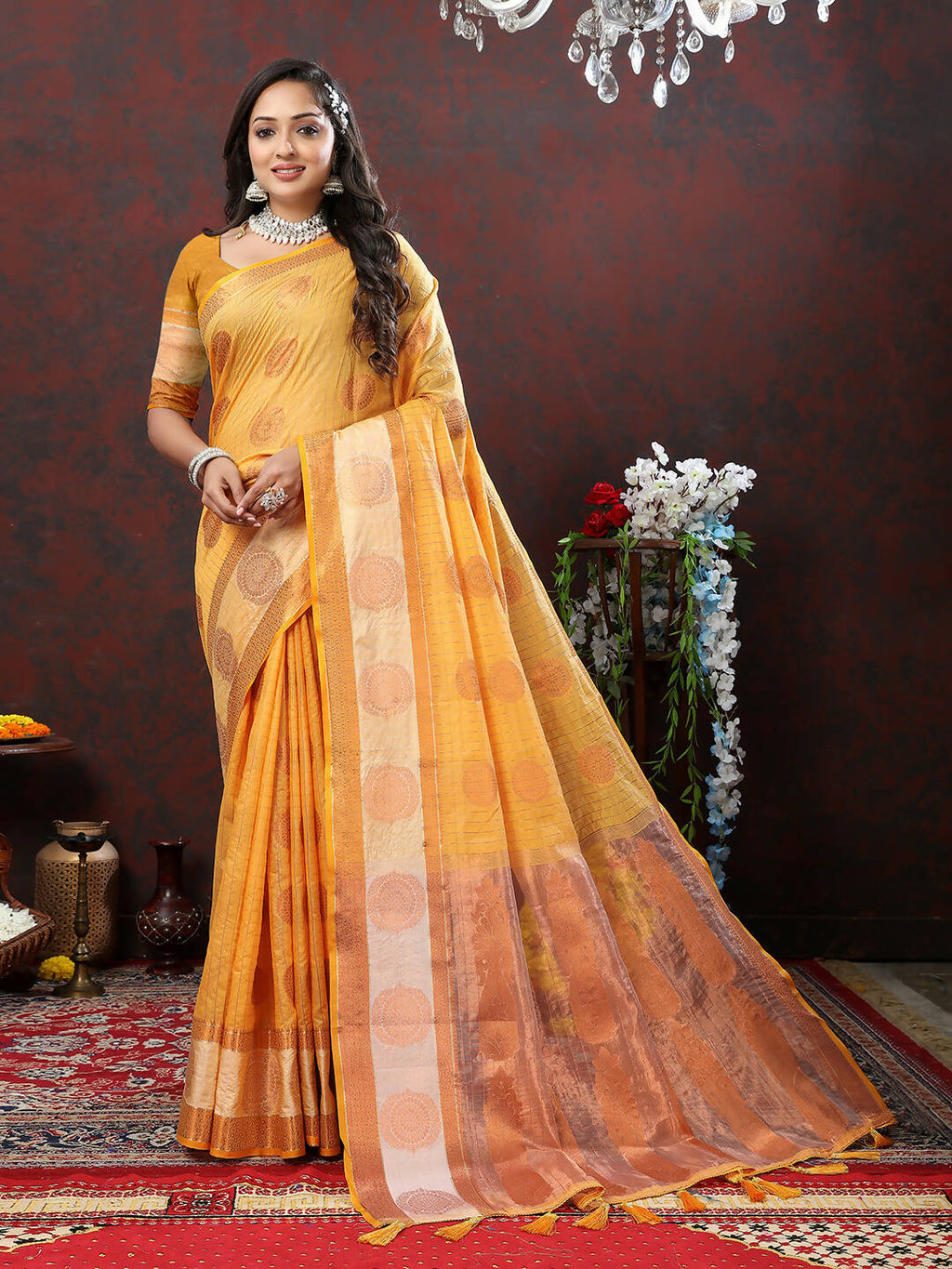 Orange Cotton Saree with Classic Woven Zari Weaving