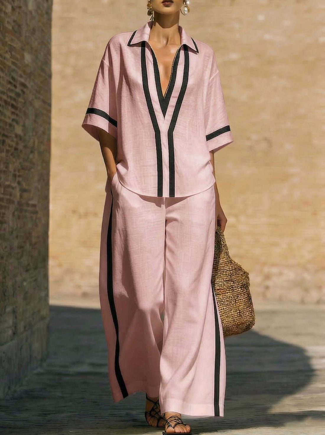 Women’s Color Block Shirt and Wide-Leg Pants Two-Piece Set - Image 8