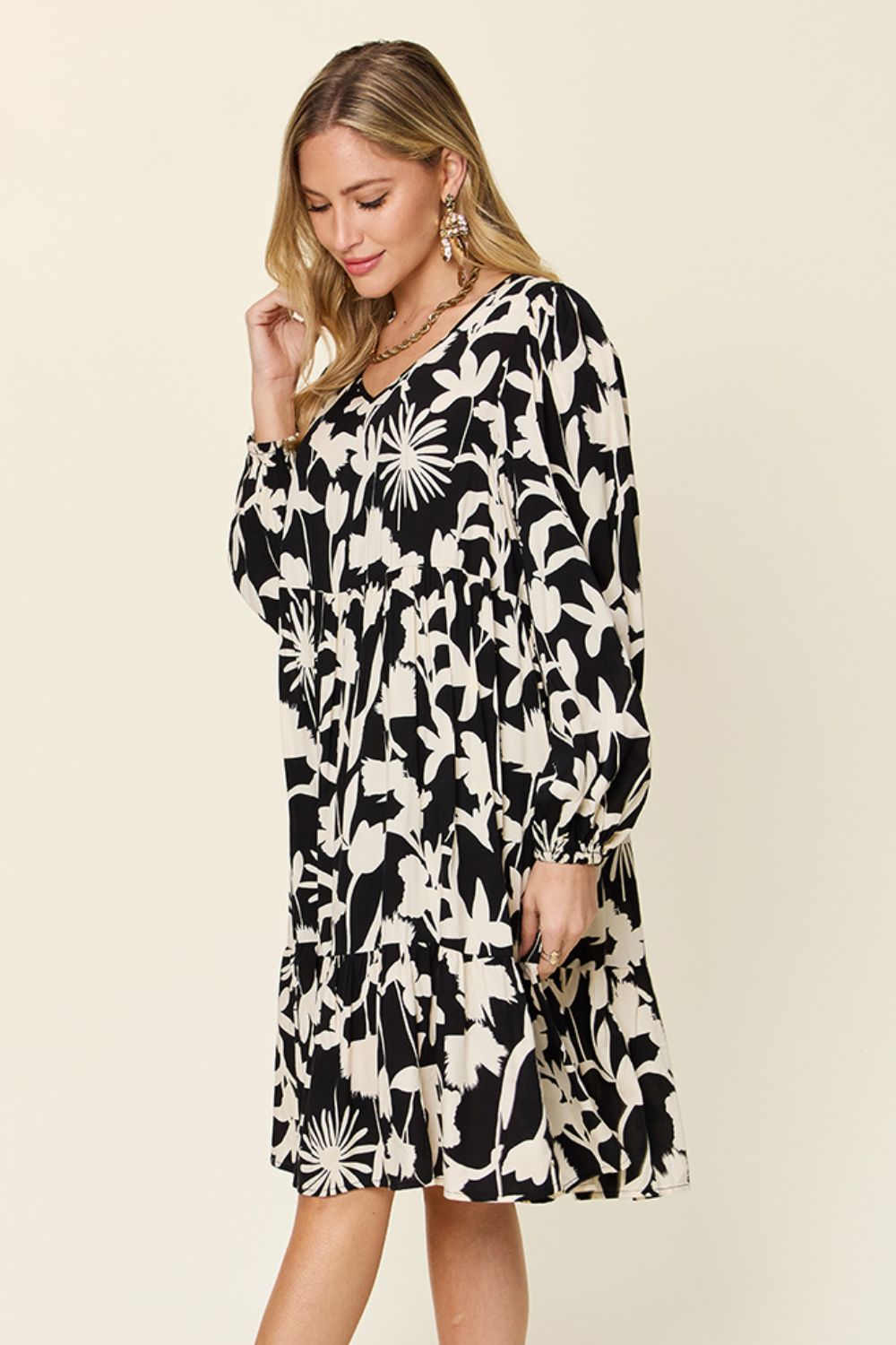 Printed Ruffle Hem Dress with Functional Pockets
