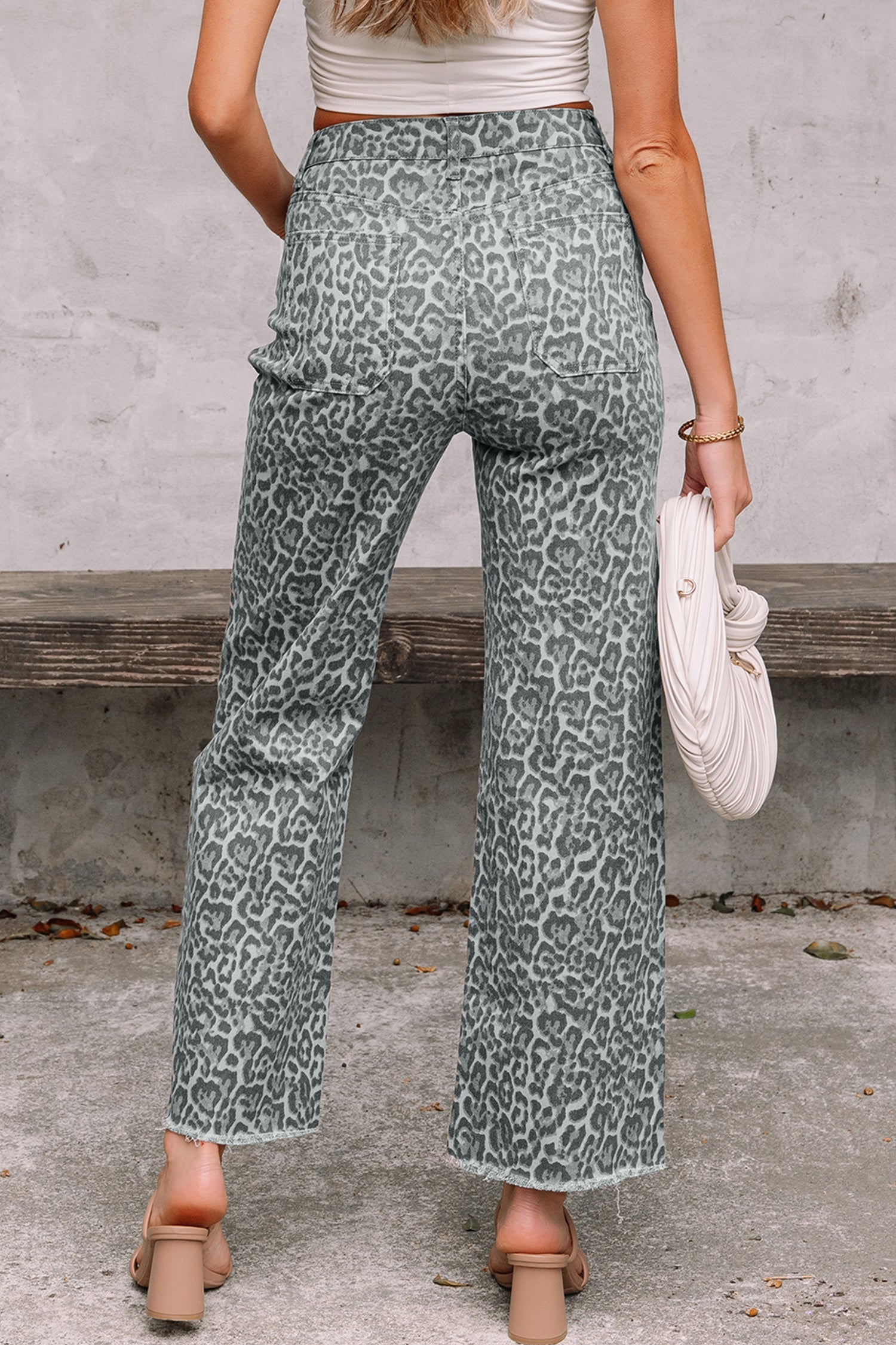 Gray Leopard Frayed Edge Wide Leg High Waist Jeans