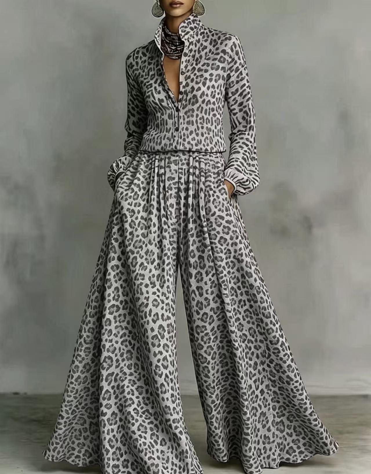 Leopard Print Wide-Leg Pants Set - Bohemian Casual Two-Piece