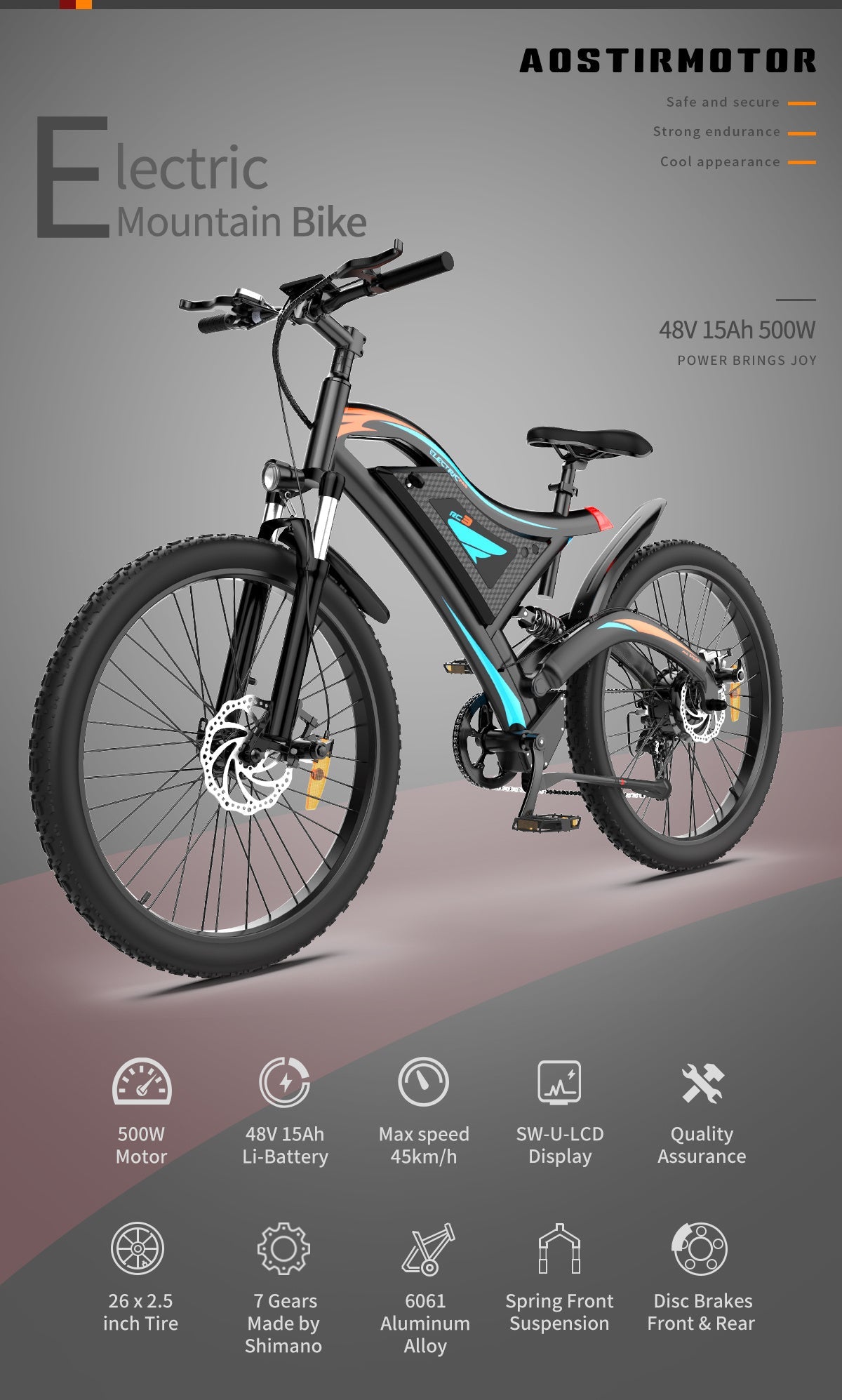 Electric Fat Tire Bike 26 Inch – 500W Rear Motor with Front Suspension