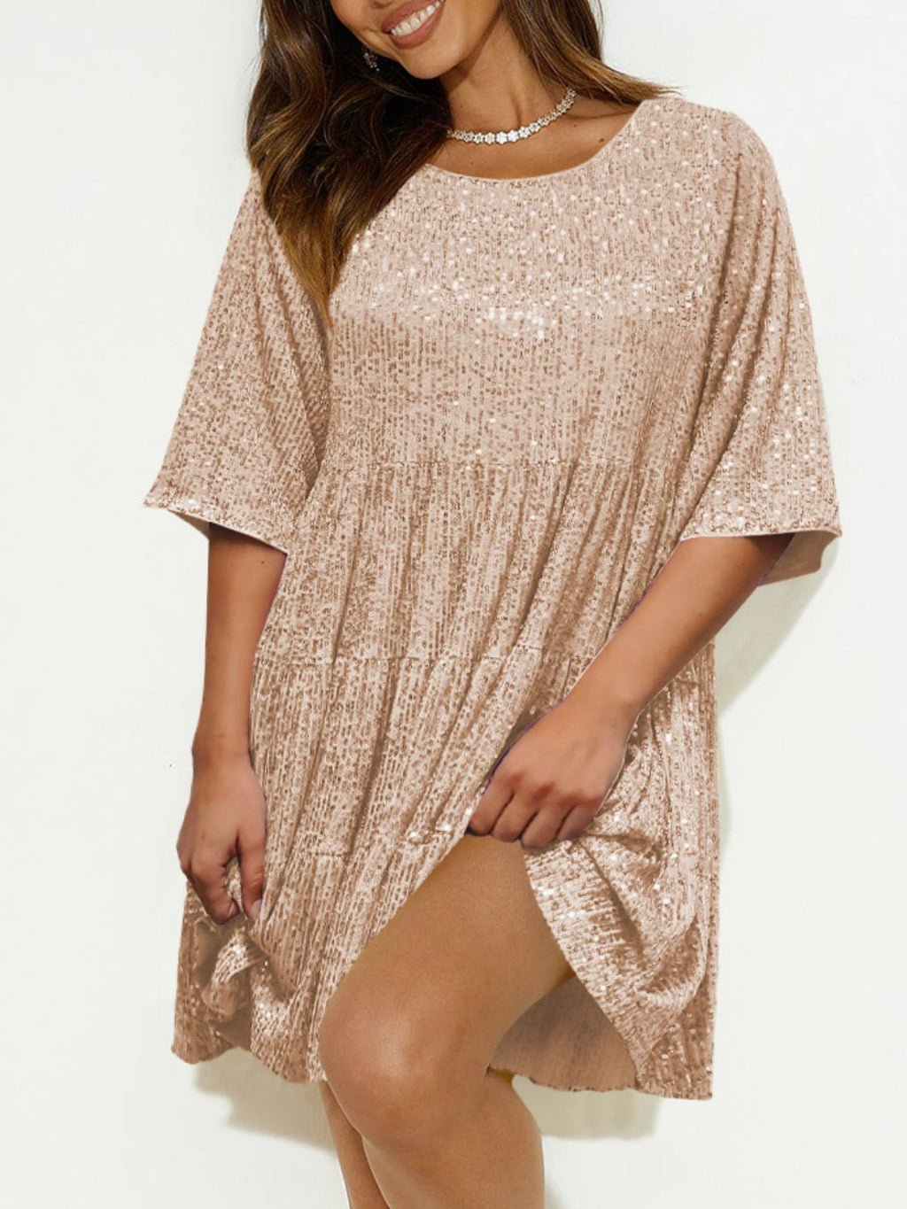 Sequin Round Neck Half Sleeve Mini Dress | Shimmer