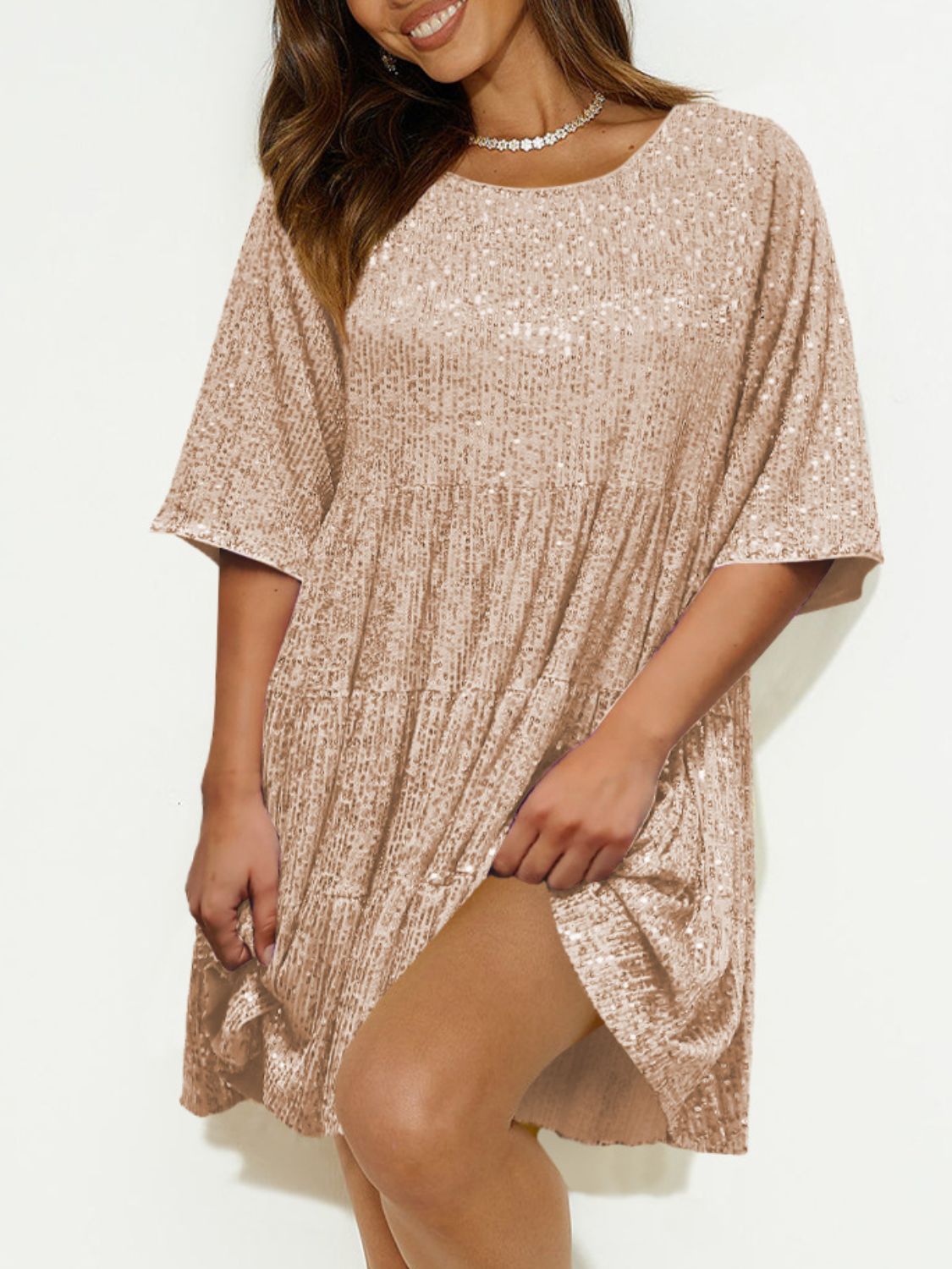 Sequin Round Neck Half Sleeve Mini Dress | Shimmer