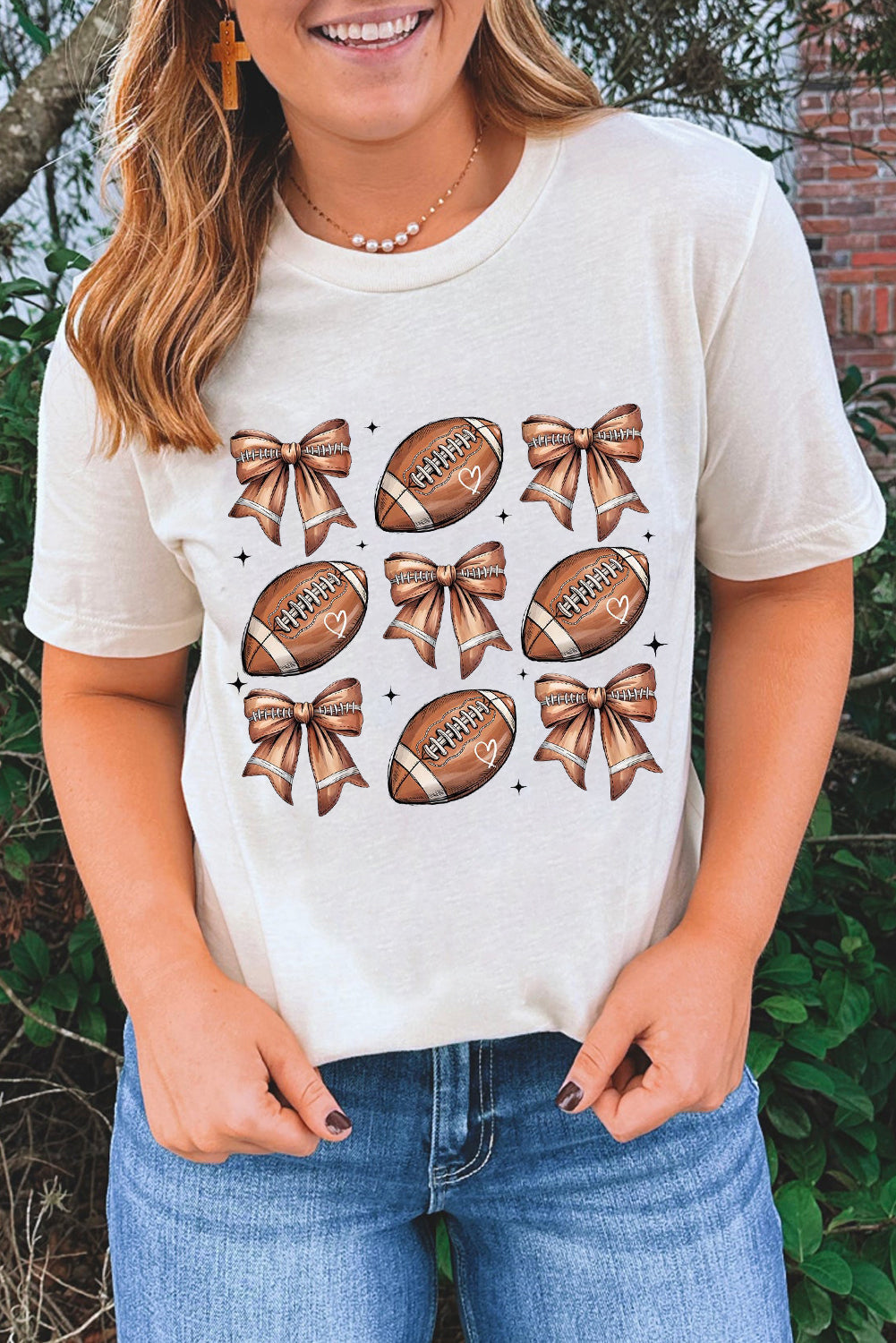 White Football Fashion Bow Print Cotton Blend T-Shirt