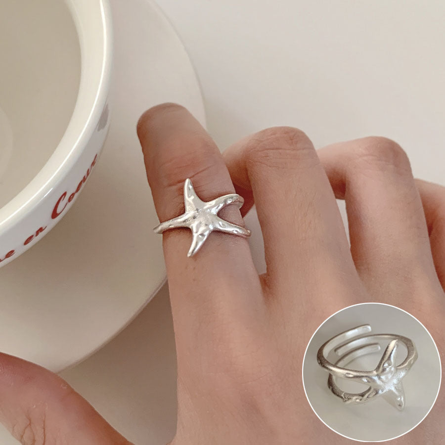 High Sense Star Open Ring For Women, INS Niche Brushed Texture Luxury Adjustable Index Finger Statement Ring