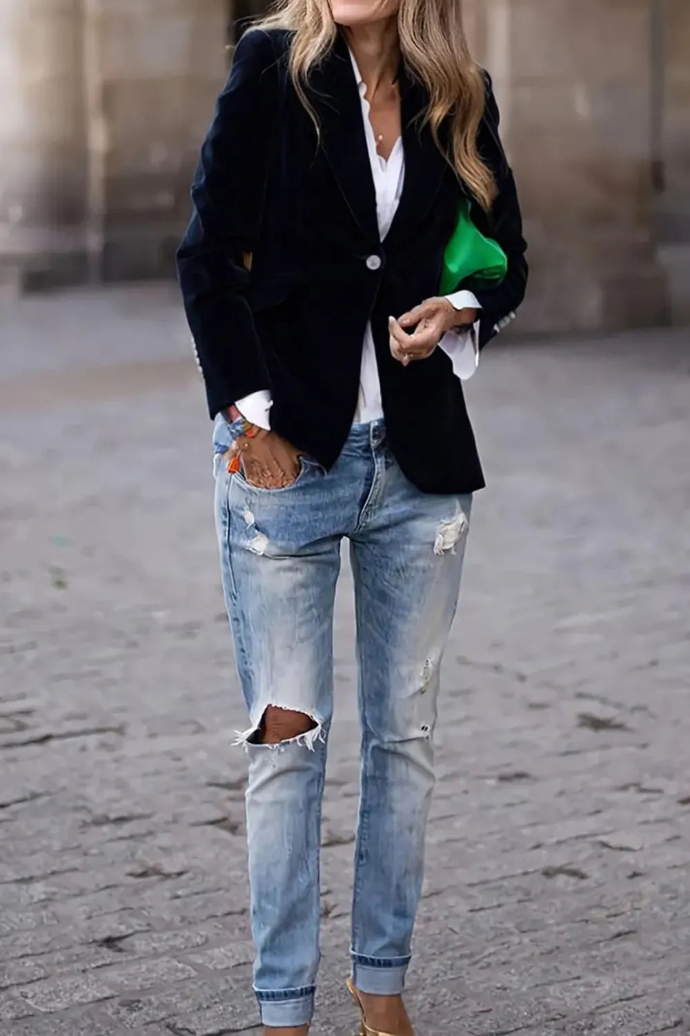 One-Button Lapel Collar Long Sleeve Blazer for Women