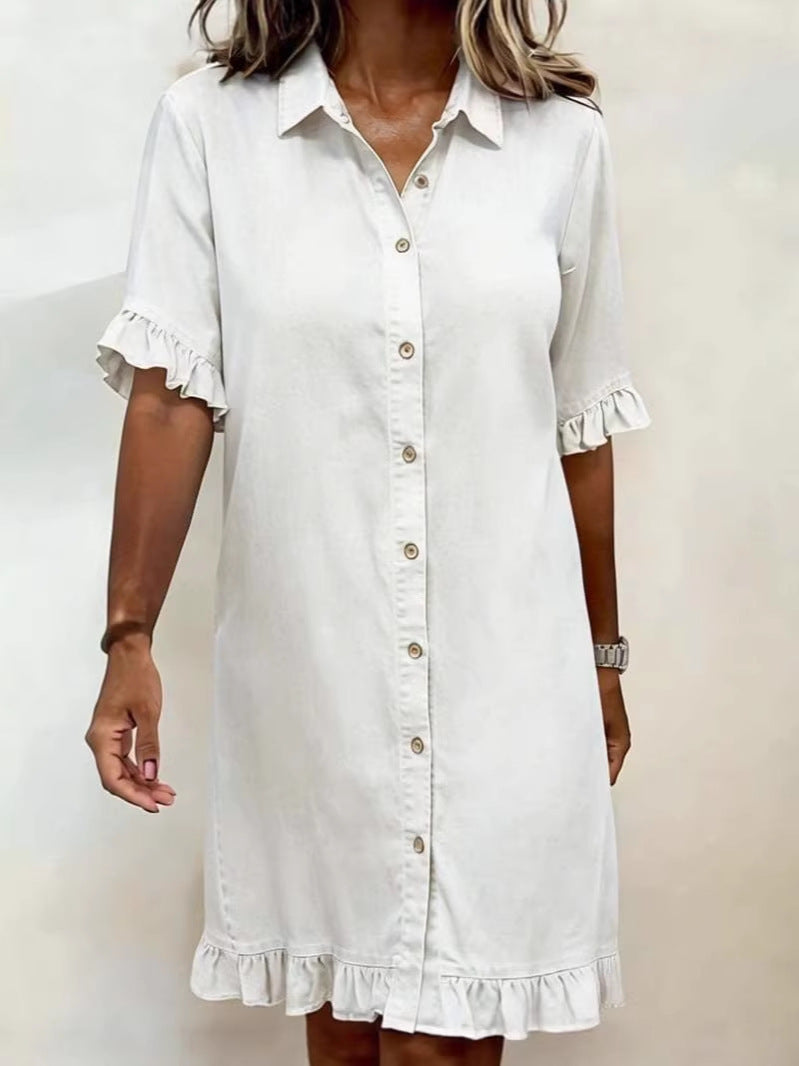 Women's Blue Faux Denim Ruffle Sleeve Casual Shirt Dress - Image 8