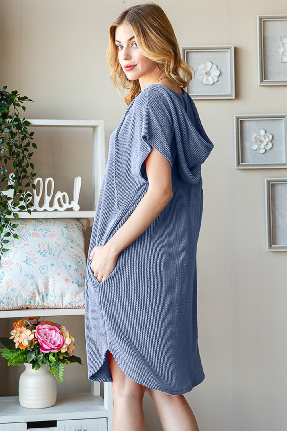 Ribbed Short Sleeve Hooded Dress in Dusty Blue