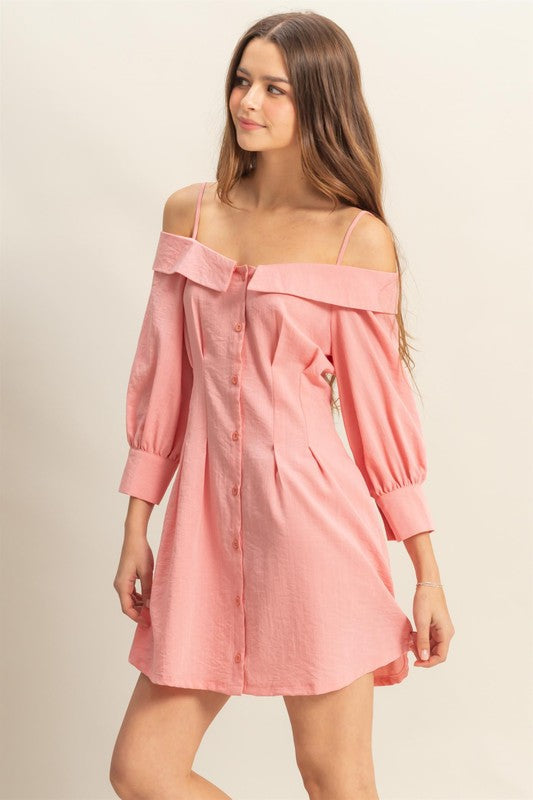 Button Down Spaghetti Strap Mini Dress with Pockets in Pink