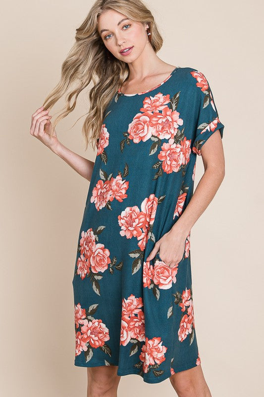 Floral Round Neck Short Sleeve Tee Dress with Pockets