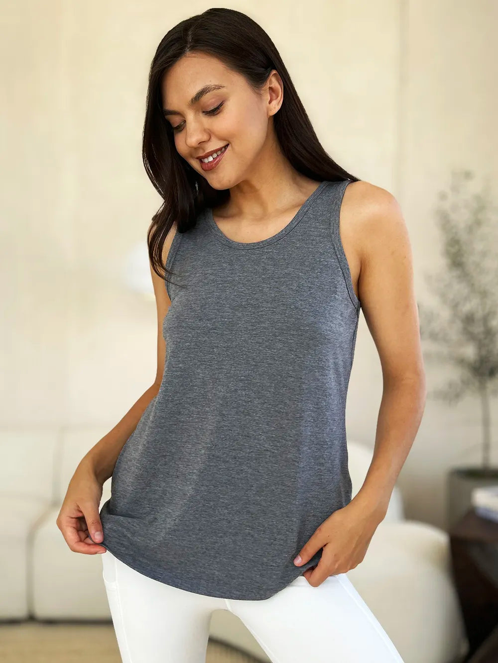 Round Neck Curved Hem Tank Top | Rayon Spandex Knit