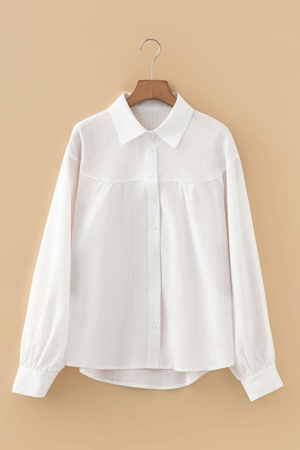 White Crinkled Texture Lantern Sleeve Button Down Shirt