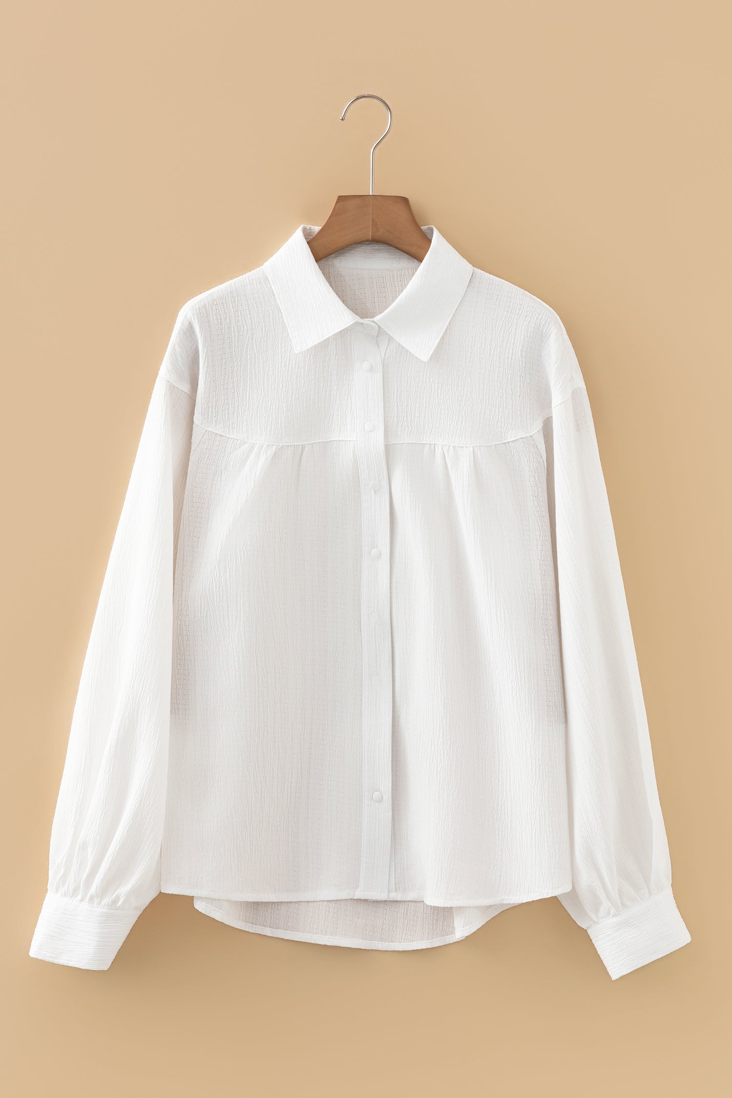 White Crinkled Texture Lantern Sleeve Button Down Shirt