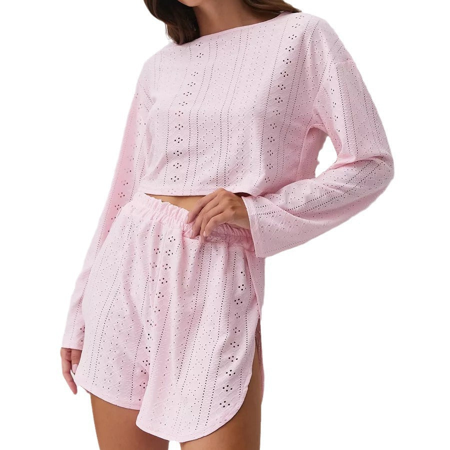 Women's Eyelet Two-Piece Shorts Set Long Sleeve Loungewear - Image 5