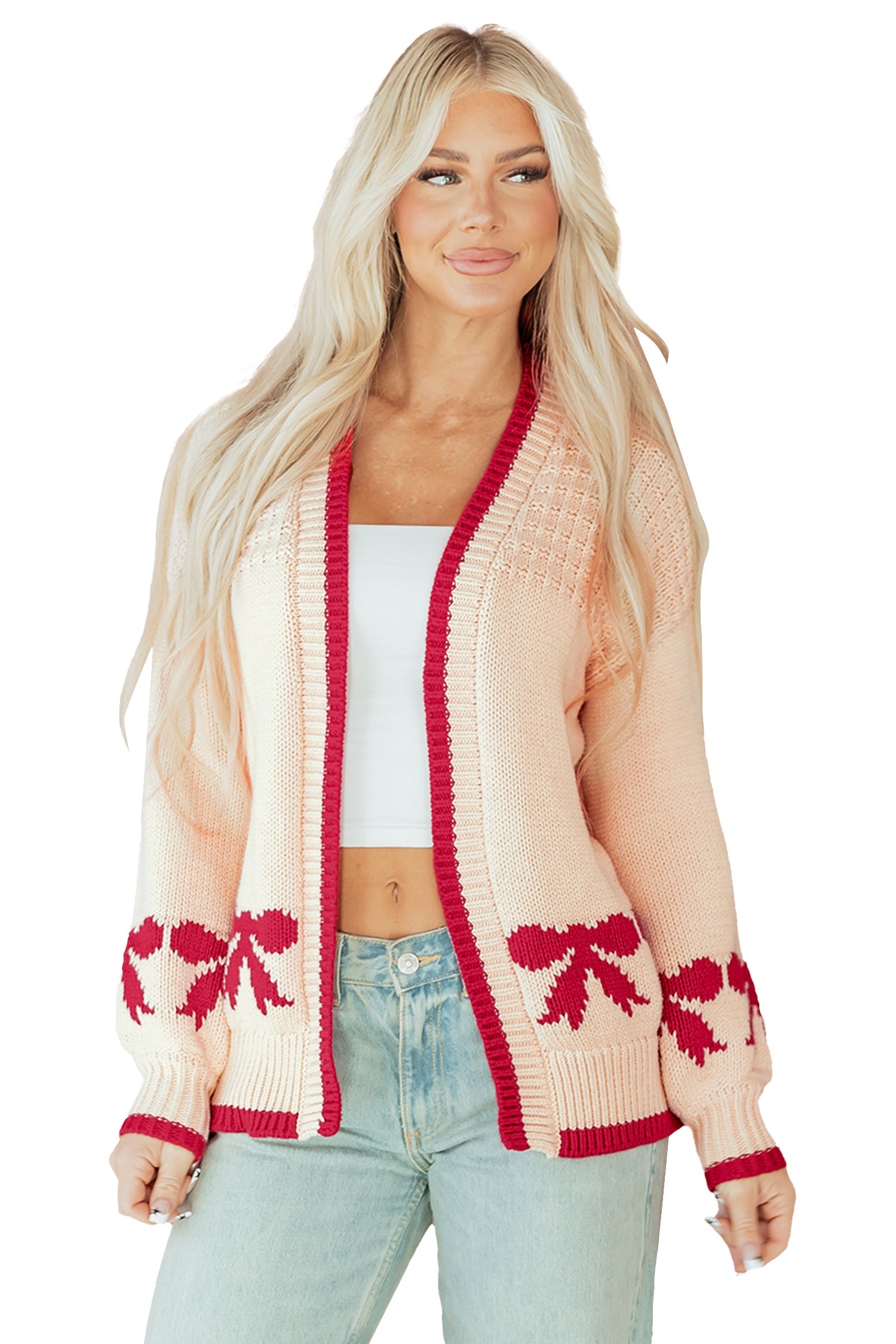 Apricot Bow Pattern Textured Open Front Baggy Cardigan