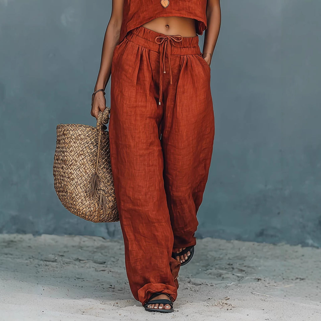 Women's Sleeveless Crop Tank and Wide-Leg Pants Linen Blend Set