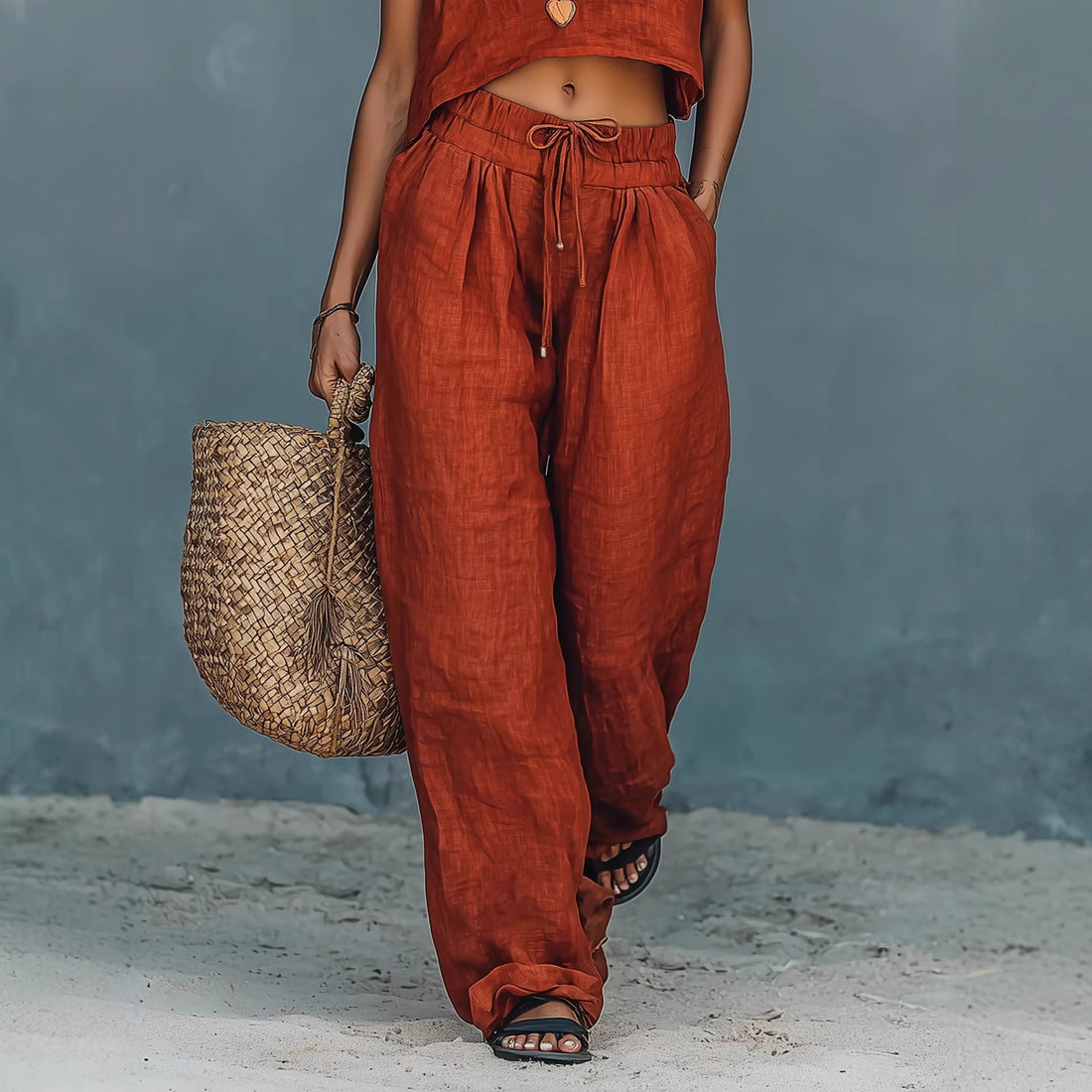 Women's Sleeveless Crop Tank and Wide-Leg Pants Linen Blend Set