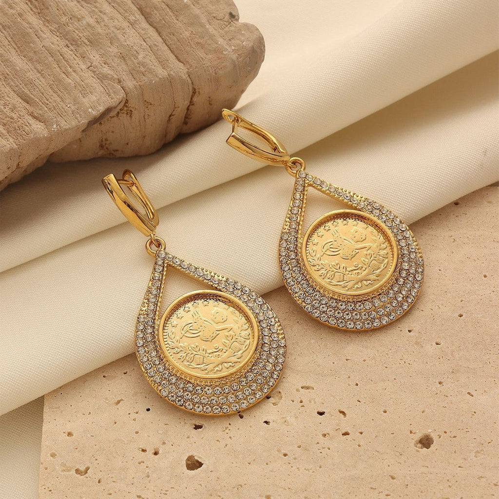 18K Gold-Tone Coin Stud Earrings with Crystal Accent Vintage Style