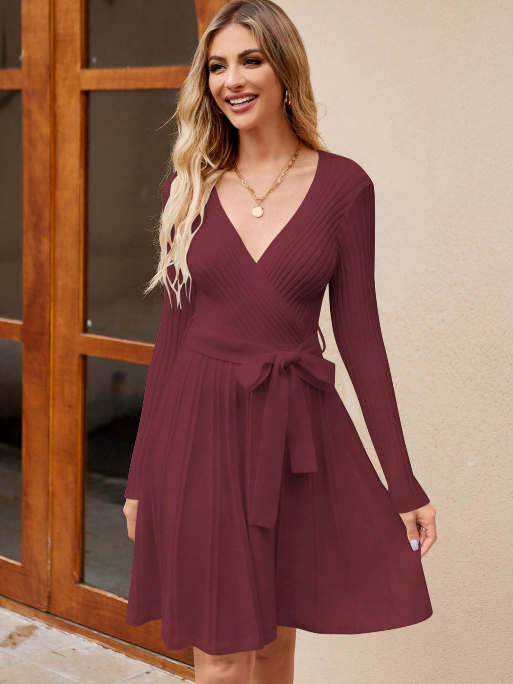 Women's Long Sleeve Ribbed Knit Wrap A-Line Mini Dress - Image 6