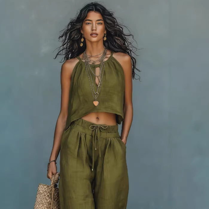 Women's Sleeveless Crop Tank and Wide-Leg Pants Linen Blend Set