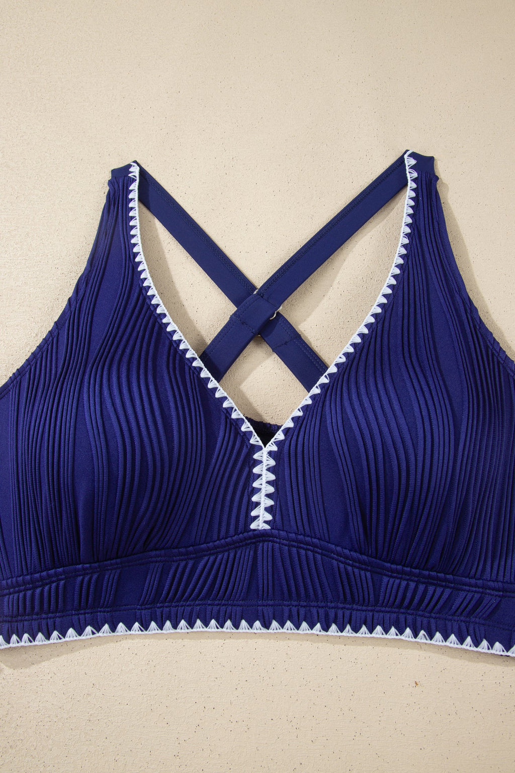 Shell Stitch Trim High Waist Bikini Set in Blue and White