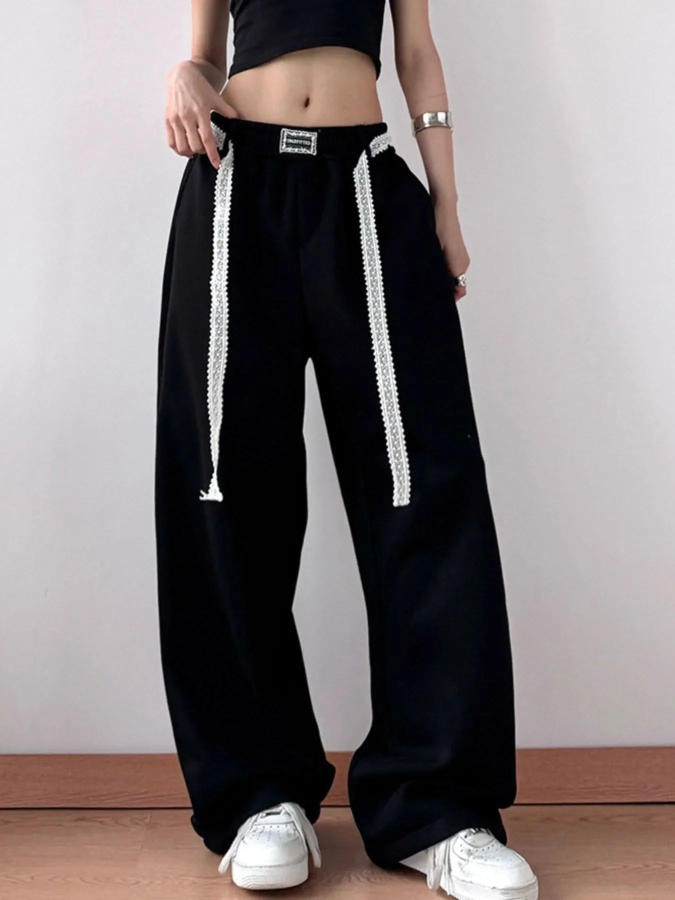 Women's Elastic Waist Wide Leg Pants with Drawstring Detail - Image 9