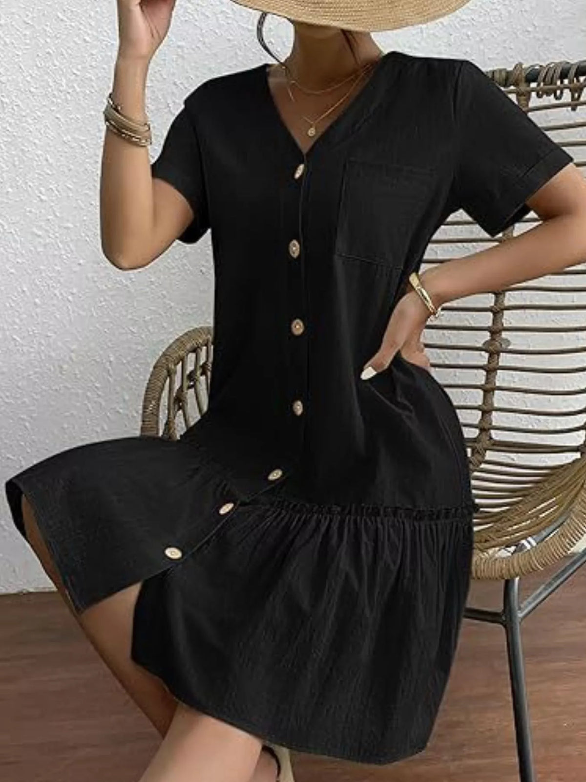 Full Size Button-Front Short Sleeve Tiered Dress Plus Size