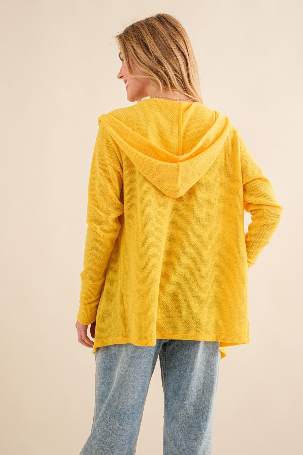 Yellow Thermal Hooded Open Front Cardigan with Pockets - Image 2