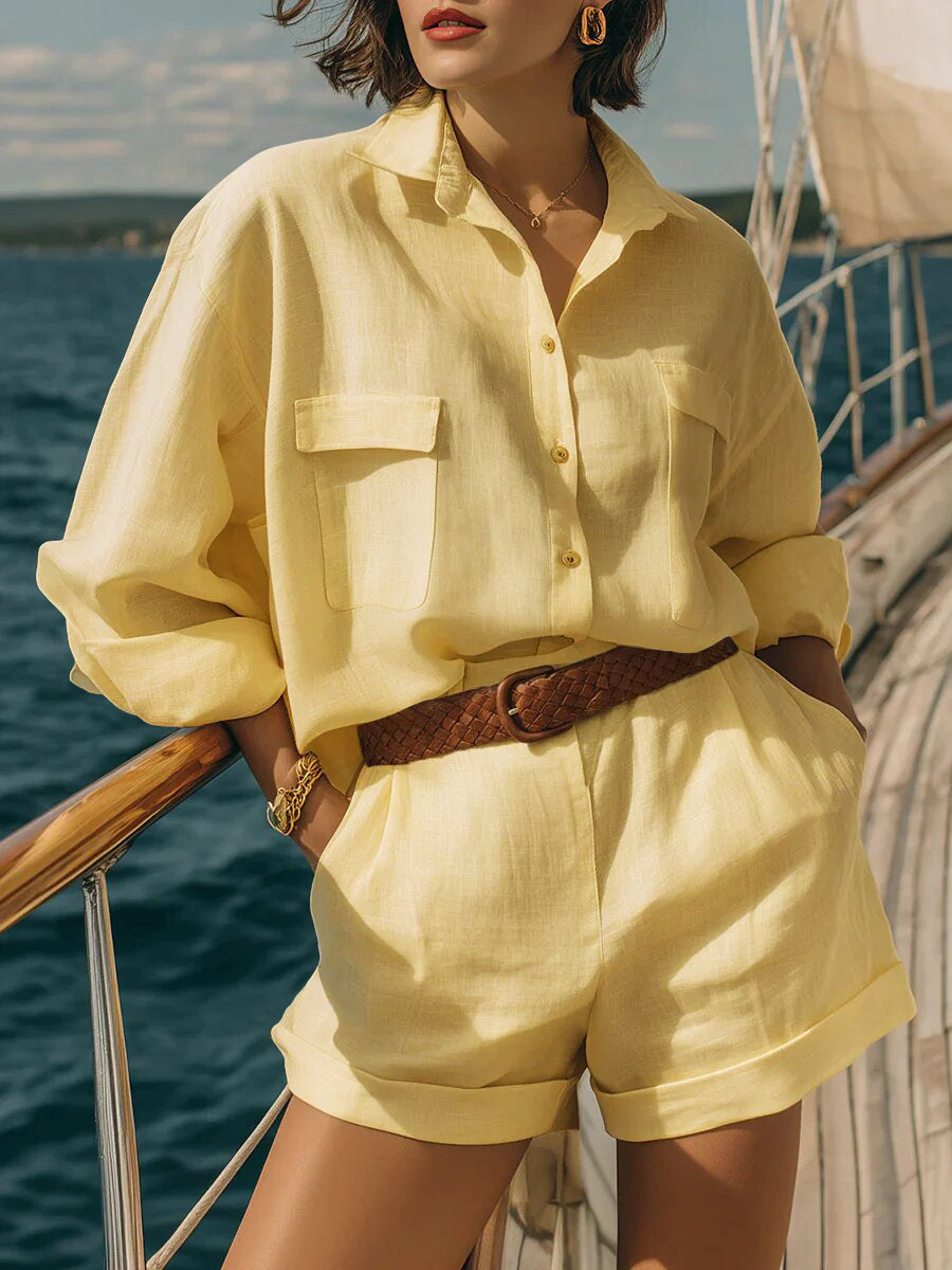 Women's Loose Fit Button Down Shirt and Shorts Casual Set - Image 6