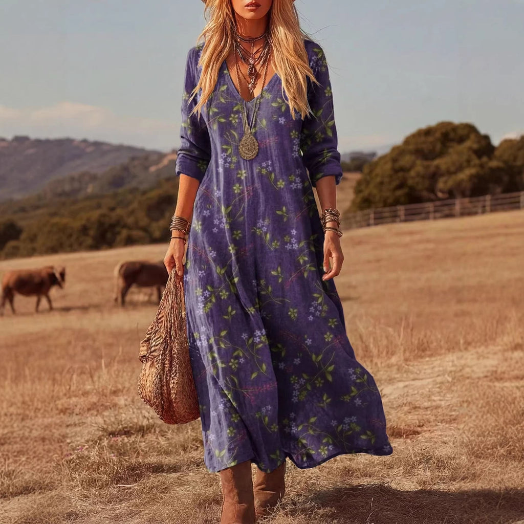 Women's Retro Chic V-Neck Long-Sleeve A-Line Maxi Dress - Image 2