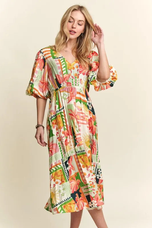 Floral V-Neck Puff Sleeve Midi Dress - Cream, Orange, Green, Pink