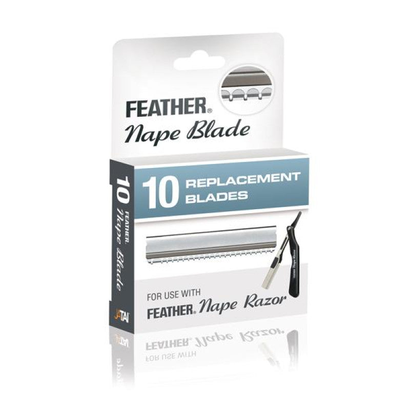 A 10-pack of silver Feather Nape Razor replacement blades in a blue plastic storage case.
