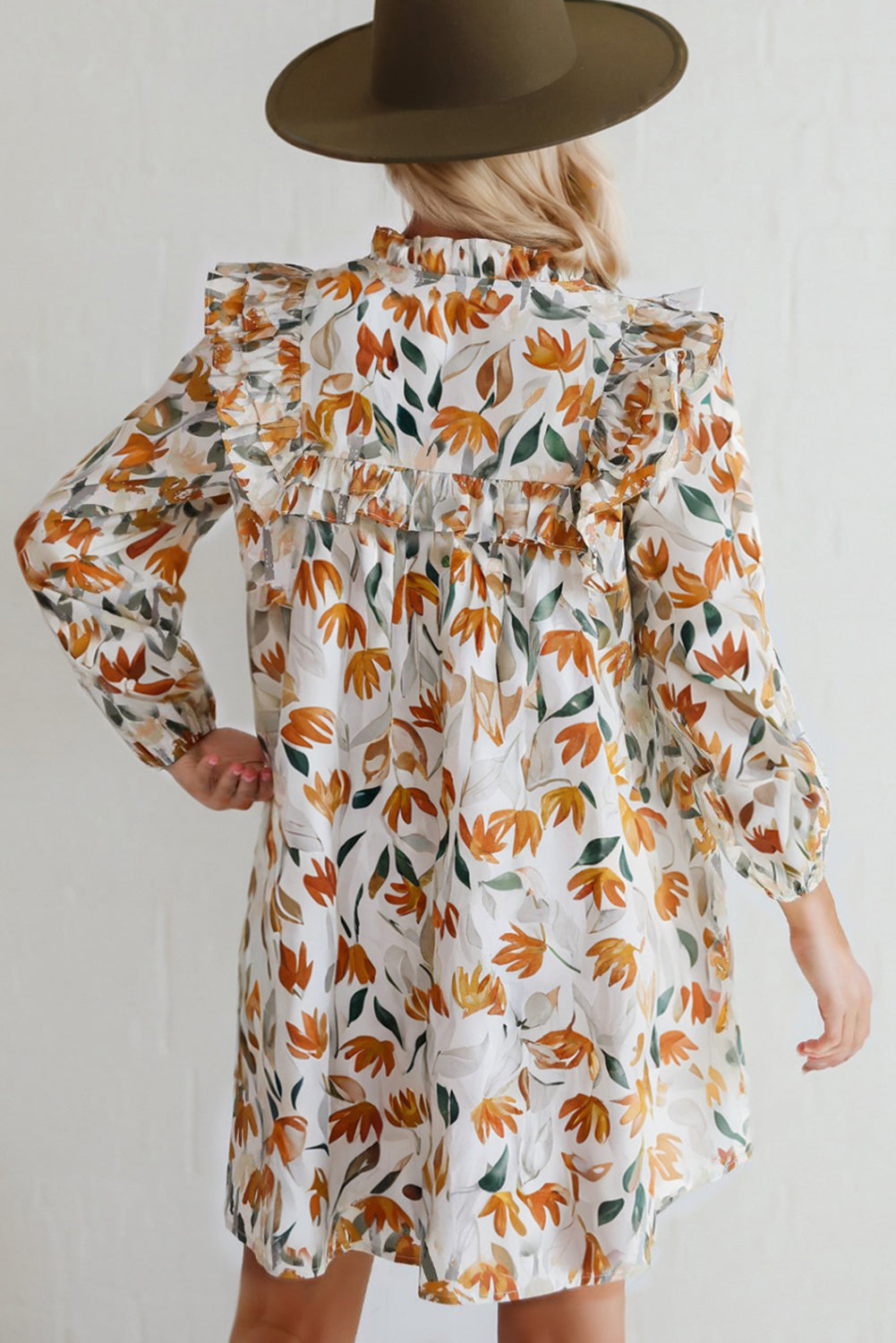 Yellow Floral Print Tie Neck Long Sleeve Ruffle Mini Dress - Image 3