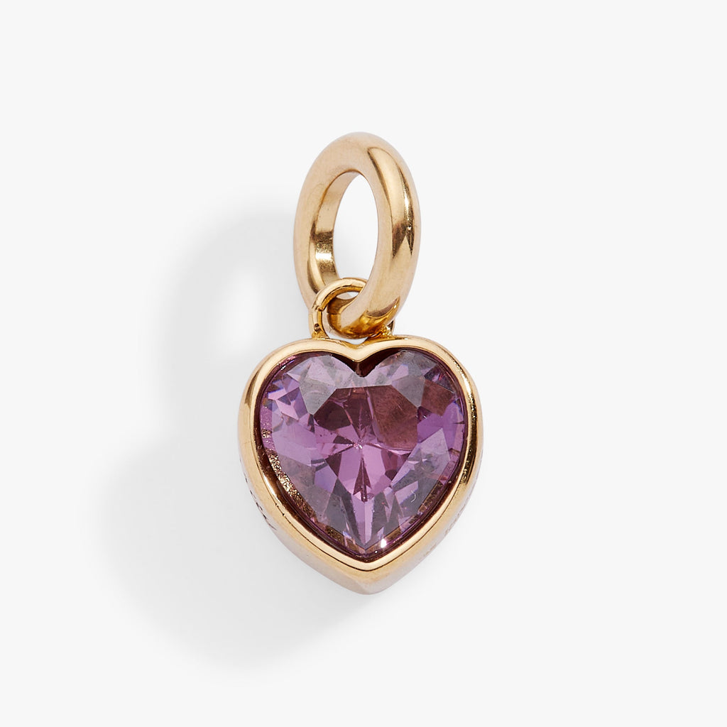February heart-shaped amethyst-colored CZ charm with star cutout and Clarity engraving