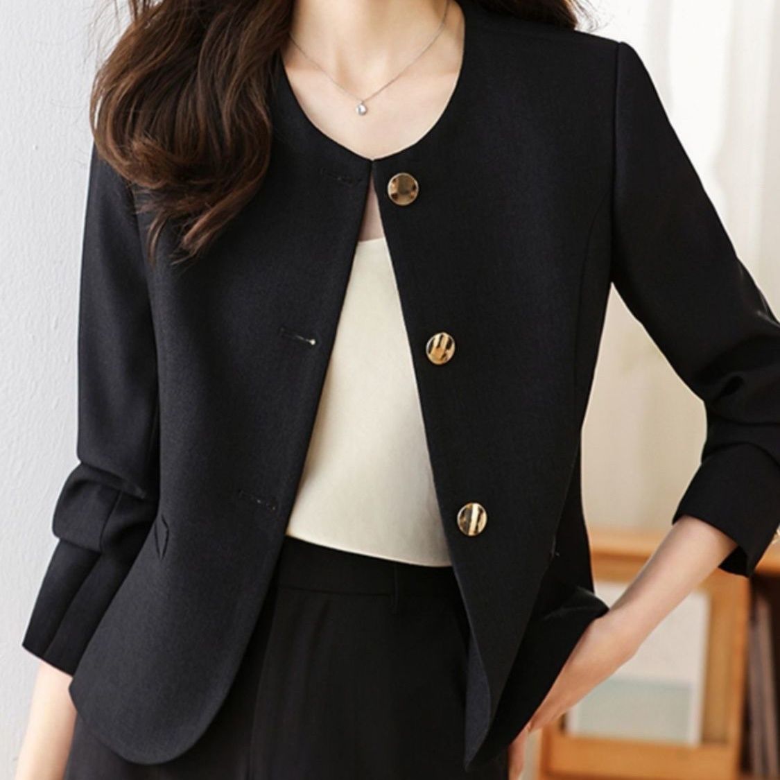 Women's Cream Cropped Crew Neck Jacket Lightweight Casual Blazer - Image 7