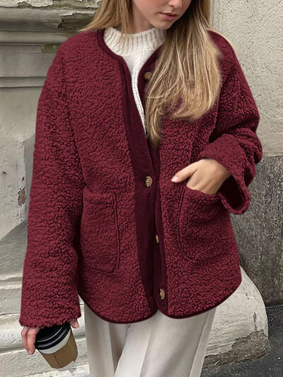 Women's Cozy Sherpa Fleece Button Up Jacket with Functional Pockets